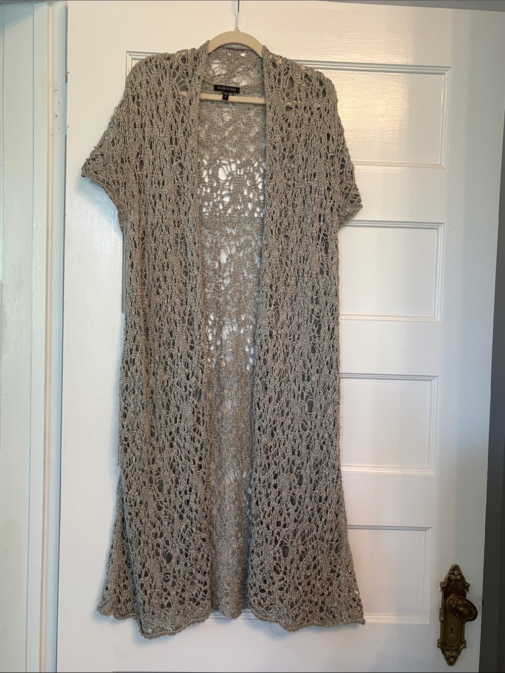 Eileen Fisher Open-Knit Short-Sleeve Duster in Taupe Gray-XL